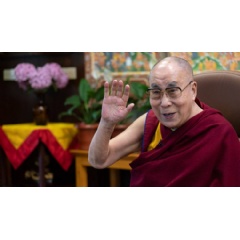His Holiness the Dalai Lama waving goodbye to students from Amity University at the conclusion their interactive video conference from his residence in Dharamsala, HP, India. Photo by Ven Tenzin Jamphel