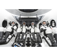 NASA astronauts Shannon Walker, Victor Glover, and Mike Hopkins, and astronaut Soichi Noguchi of the Japan Aerospace Exploration Agency - who constitute the crew of NASA’s Crew-1 mission - inside SpaceX’s Crew Dragon spacecraft.
Credits: SpaceX