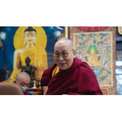 His Holiness the Dalai Lama arriving for his online conversation on The Purpose of Life as part of Techfest IIT Bombay from his residence in Dharamsala, HP, India. Photo by Ven Tenzin Jamphel