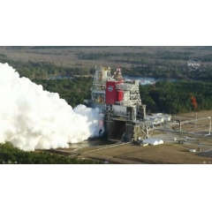 The core stage for the first flight of NASAs Space Launch System rocket is seen in the B-2 Test Stand during a hot fire test Jan. 16, 2021, at NASAs Stennis Space Center near Bay St. Louis, Mississippi.
Credits: NASA Television