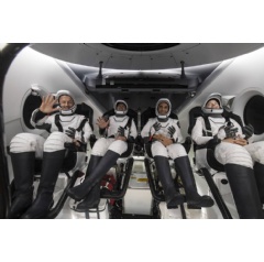 From left to right, ESA (European Space Agency) astronaut Matthais Maurer, NASA astronauts Tom Marshburn, Raja Chari, and Kayla Barron, are seen inside the SpaceX Crew Dragon Endurance spacecraft
Credits: NASA/Aubrey Gemignani