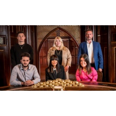 Back row: Aaron, Hannah and Kieran. Front row: Wilf, Claudia Winkelman, Meryl