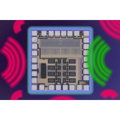 MIT researchers have developed a receiver chip for a mobile device that targets and blocks unwanted radio frequency signals at the receiver’s input.
Credit: MIT News. Chip image courtesy of the researchers.