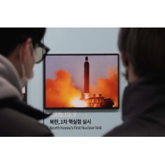 A photo showing North Korea’s missile launch is displayed at the Unification Observation Post in Paju, South Korea. (AP Photo/Ahn Young-joon)