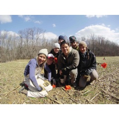 The team of scientists and interns who planted BiodiversiTREE in 2013, along with roughly 100 volunteers. From left: Susan Cook-Patton, Whitney Hoot, Caitlyn Cecil, Jess Shue, John Parker, Kim Holzer and Lada Klimesova. (Credit: Susan Cook-Patton)