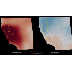 Thanks to a wet winter, California saw tremendous gains in the amount of water in the San Joaquin, Sacramento, and Tulare river basins (outlined in yellow) from Oct. 2022 to March 2023, GRACE-FO data. Credit: NASA’s Scientific Visualization Studio