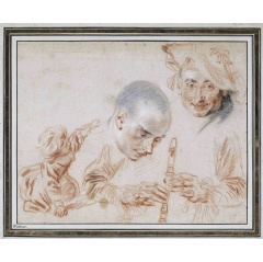 Crouching Child, Two Male Heads, One Wearing a Beret, Arms and Hands of A Recorder-Player
Jean Antoine Watteau, 1705 – 1716. Mr and Mrs De Bruijn-van der Leeuw Bequest, Muri, Switzerland