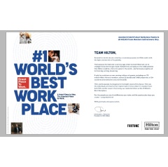 Hilton recognizes global team members in advertisement appearing in major media outlets for their accomplishment of being recognized as the No. 1 World’s Best Workplace