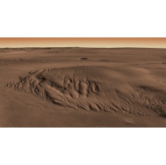 Perspective view of Lucus Planum part of the Medusae Fossae Formation, a series of thick deposits found along the highland-lowland dichotomy boundary on Mars.
Credit: Caltech/JPL Global CTX Mosaic of Mars/Smithsonian Institution.