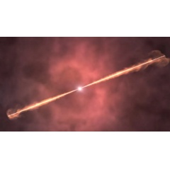 Astronomers think a long GRB (gamma-ray burst) arises from a massive, rapidly rotating star when its core runs out of fuel and collapses, forming a black hole in the star’s center.
NASA’s Goddard Space Flight Center Conceptual Image Lab