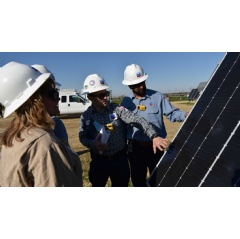 The team at Chevrons Lost Hills facility in California check on the solar panels that provide electricity to the oil field and soon, the hydrogen production plant.