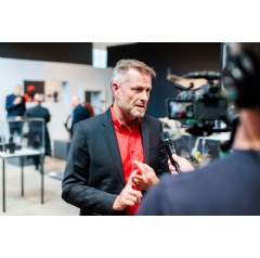 Hilti Chief Designer Stephan Niehaus in an interview during the reception at the Red Dot Design Museum 2024
