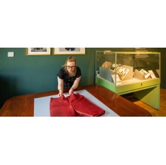 Roisin Semple with Lord Fairhavens red cropped riding breeches |  National Trust Images / Mike Selby