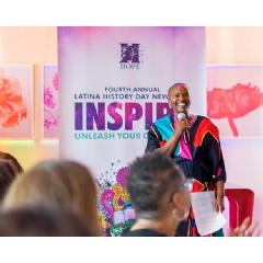 Kaitesi Rama-Munroe, Director, Global Public Affairs, delivers heartfelt sponsorship remarks at HOPE’s 4th annual Latina History Day NYC luncheon.