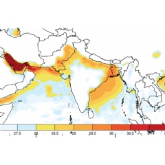 This map shows the maximum wet-bulb temperatures (which combine temperature and humidity) that have been reached in the region of India, Pakistan, and Bangladesh since 1979.