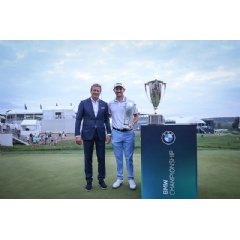 Oliver Zipse, chairman of the board of management, BMW Group, presents the winner of the 2021 BMW Championship, Patrick Cantlay, with the BMW Championship and J.K. Wadley trophies on Sunday, August 29, 2021...(See complete caption below)