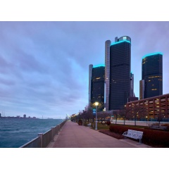 In 1996 General Motors acquired the Renaissance Center to house its world headquarters and began a transformation, the addition of GM Plaza and Wintergarden and enhanced public spaces along the Detroit International RiverWalk.