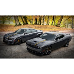 2022 Dodge Challenger GT RWD (near) and 2022 Dodge Charger Scat Pack Widebody with HEMI Orange appearance package