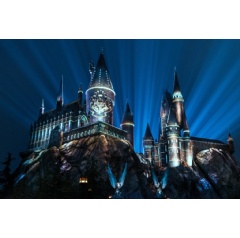 The Nighttime Lights at Hogwarts Castle at The Wizarding World of Harry Potter at Universal Studios Hollywood.