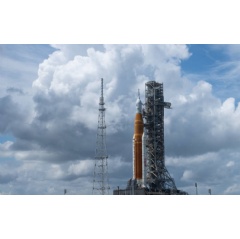 NASAs Space Launch System (SLS) rocket with the Orion spacecraft aboard is seen atop the mobile launcher at Launch Pad 39B, Tuesday, Aug. 30, 2022, at NASAs Kennedy Space Center in Florida.
Credits: NASA/Joel Kowsky