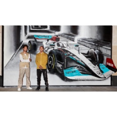 2022 Hungarian Grand Prix, The Ritz-Carlton Artist Partner Louis-Nicolas Darbon and Mercedes-AMG Petronas F1 Team driver Lewis Hamilton in front of a bespoke mural at The Ritz-Carlton, Budapest.