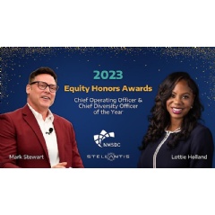 Stellantis North America COO Mark Stewart and Vice President  Diversity, Inclusion & Engagement Lottie Holland were presented with Equity Honors Awards by the National Minority Supplier Development Council (NMSDC). (see complete caption below)