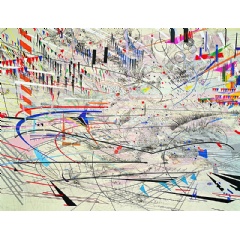 Julie Mehretu Stadia I, 2004 Ink and Acrylic on Canvas 108 x 144 inches (274.3 x 365.7 cm) Photo Credit: Richard Stoner Collection San Francisco MoMA Courtesy of Marian Goodman Gallery © Julie Mehretu