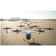 Joby’s production prototype eVTOL aircraft at the company’s pilot manufacturing facility in Marina, California, with the company’s pre-production prototype behind it. Joby Aviation image