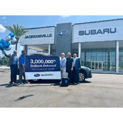 SUBARU SELLS THREE-MILLIONTH OUTBACK IN THE U.S. Left to right: Craig Halliday – Subaru of America Sabine Martinez-Subaru of Jacksonville David Jett – Outback Owner Phil Porter Jr-Subaru of Jacksonville, General Manager Colin Mondero–Subaru of Americ