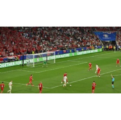 Action from the UEFA EURO 2024 group stage match between Denmark and Serbia at Munich Football Arena on June 25, 2024. UEFA via Getty Images