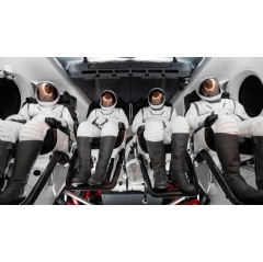 The four-person crew of the Polaris Dawn mission pictured wearing their SpaceX extravehicular activity suits.
Credit: SpaceX