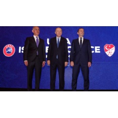 From left: TFF president, Ibrahim Ethem Hacıosmanoğlu, Republic of Türkiye president, Recep Tayyip Erdoğan and UEFA president Aleksander Čeferin in Istanbul TFF