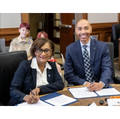 NASA Acting Associate Administrator Vanessa Wyche(left),at the time serving as director of Johnson Space Center, and Sam Houston Area Council of Scouting America Executive Officer Marvin Smith sign a Space Act Agreement on Dec.17,2024
NASA/James Bla