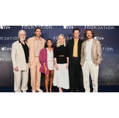 Terrence Mann, Lee Pace, Lou Llobell, Laura Birn, Cassian Bilton and Pilou Asbæk pose for a photocall for “Foundation” season three, premiering on Apple TV+ on July 11, 2025.