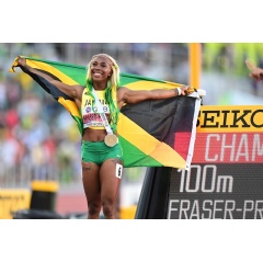 Shelly-Ann Fraser-Pryce, 2022 World Championships. Shelly-Ann Fraser-Pryce celebrates after winning 100-meter gold at the World Championships in Eugene, Oregon, on July 17, 2022.